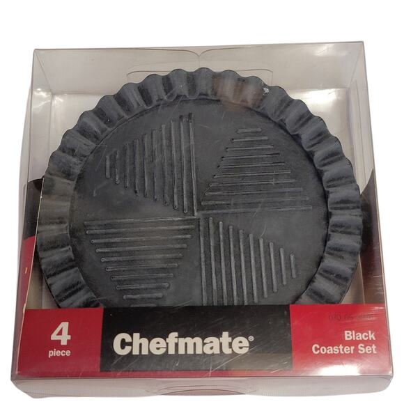 Chefmate Black Coasters Set of 4 Rubber Textured‎ Ridged Edge Masculine Dining - Picture 1 of 4